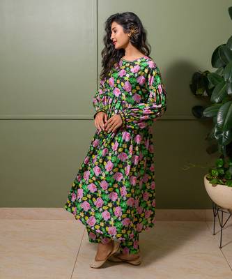 Black chanderi print florence crew neck kurta pant set 3