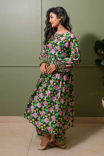 Black chanderi print florence crew neck kurta pant set