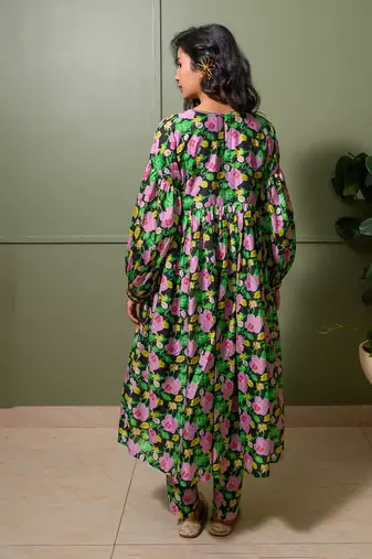 Black chanderi print florence crew neck kurta pant set