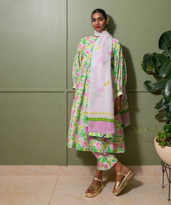 White chanderi print florence art crew neck kurta pant set 1