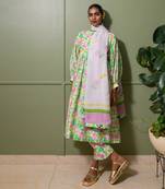 White chanderi print florence art crew neck kurta pant set