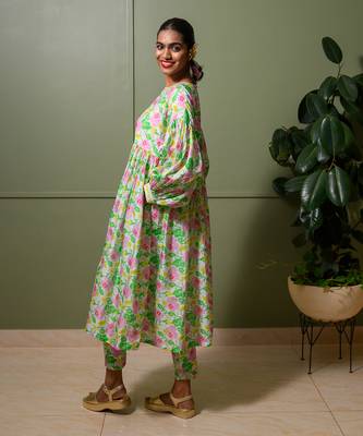 White chanderi print florence art crew neck kurta pant set 5
