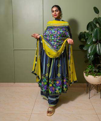 Blue chanderi print french striped bloom choli neck anarkali set 1