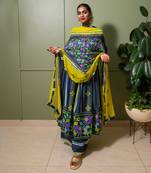 Blue chanderi print french striped bloom choli neck anarkali set