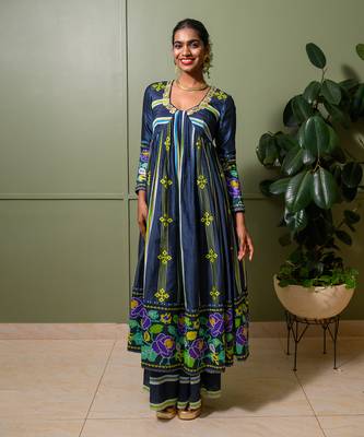 Blue chanderi print french striped bloom choli neck anarkali set 2