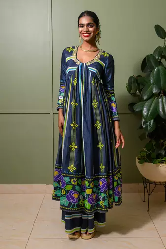 Blue chanderi print french striped bloom choli neck anarkali set
