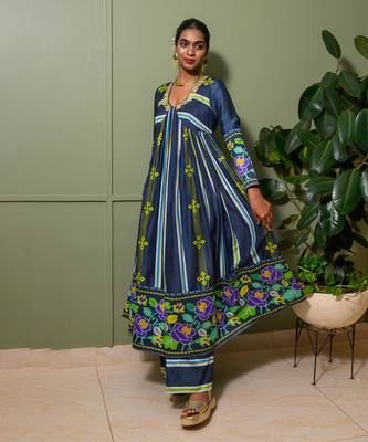 Blue chanderi print french striped bloom choli neck anarkali set 3