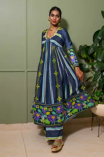Blue chanderi print french striped bloom choli neck anarkali set