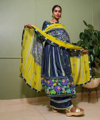Blue chanderi print french striped bloom choli neck anarkali set 4