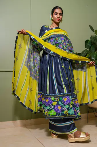 Blue chanderi print french striped bloom choli neck anarkali set