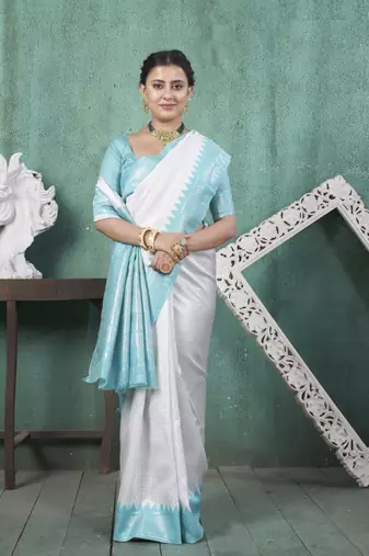 Light Blue kanjivaram silk blend with Rich Gold Border And Elephant Motifs Saree With Blouse For Women