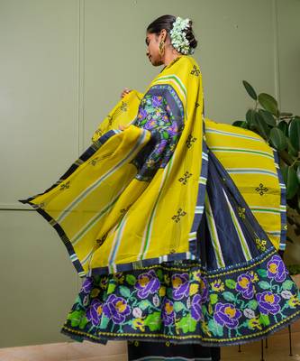 Blue chanderi print french striped bloom choli neck anarkali set 5
