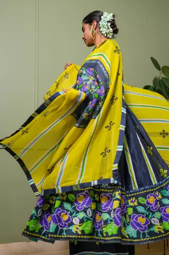 Blue chanderi print french striped bloom choli neck anarkali set