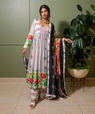 White chanderi print french striped blossom choli neck anarkali set 1