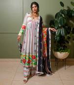 White chanderi print french striped blossom choli neck anarkali set