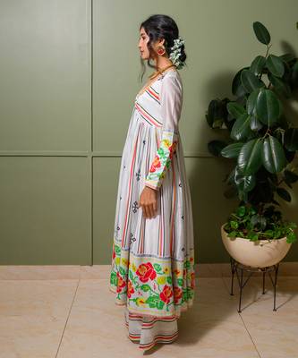 White chanderi print french striped blossom choli neck anarkali set 2