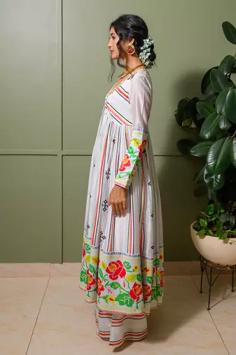 White chanderi print french striped blossom choli neck anarkali set