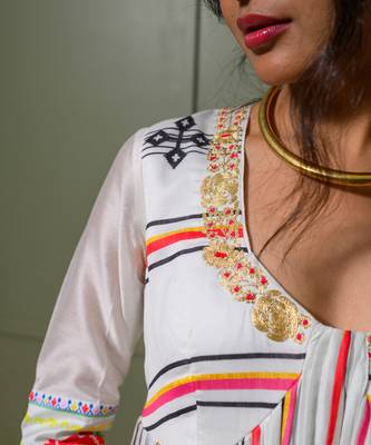 White chanderi print french striped blossom choli neck anarkali set 3