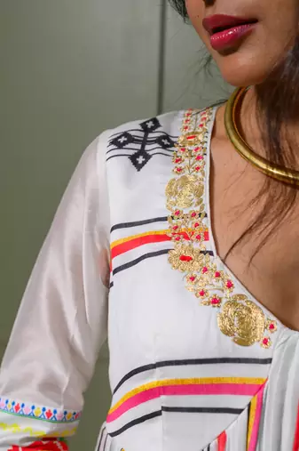 White chanderi print french striped blossom choli neck anarkali set