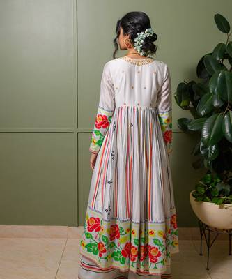 White chanderi print french striped blossom choli neck anarkali set 4