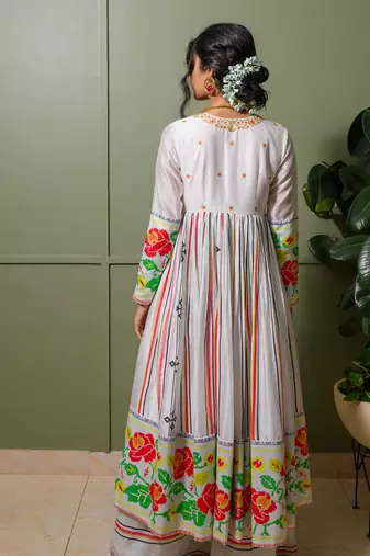 White chanderi print french striped blossom choli neck anarkali set