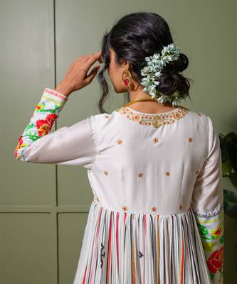 White chanderi print french striped blossom choli neck anarkali set 5