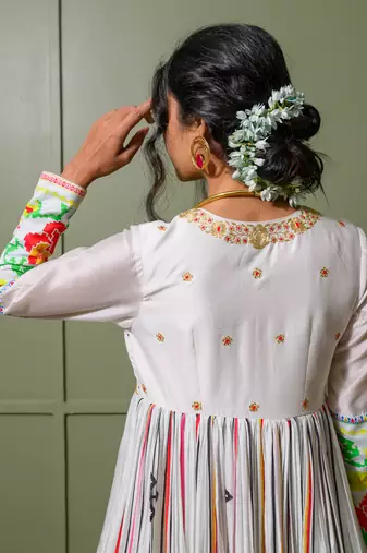 White chanderi print french striped blossom choli neck anarkali set