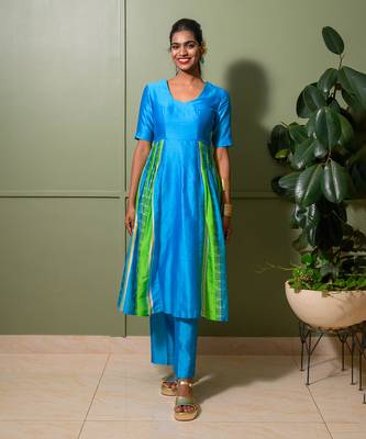 Blue chanderi print striped folk art choli neck anarkali set 1