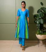 Blue chanderi print striped folk art choli neck anarkali set