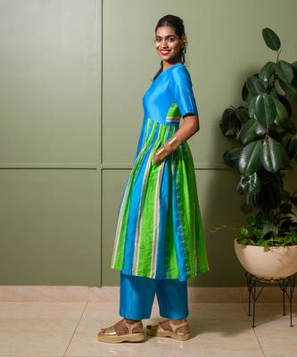 Blue chanderi print striped folk art choli neck anarkali set 2