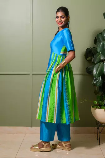 Blue chanderi print striped folk art choli neck anarkali set