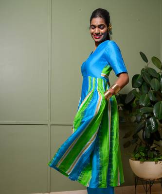 Blue chanderi print striped folk art choli neck anarkali set 4