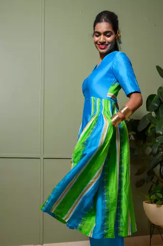 Blue chanderi print striped folk art choli neck anarkali set