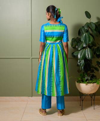 Blue chanderi print striped folk art choli neck anarkali set 5