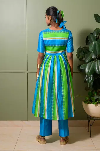 Blue chanderi print striped folk art choli neck anarkali set