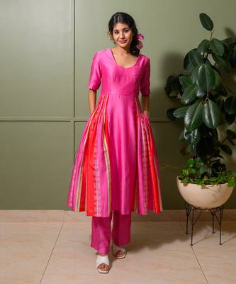 Pink chanderi print striped folk art choli neck anarkali set 1