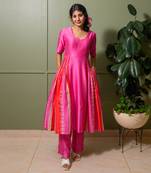 Pink chanderi print striped folk art choli neck anarkali set