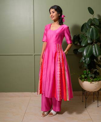 Pink chanderi print striped folk art choli neck anarkali set 2