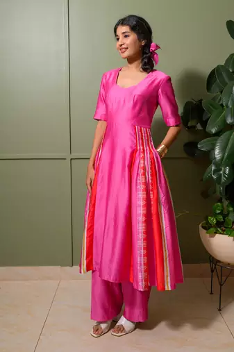 Pink chanderi print striped folk art choli neck anarkali set