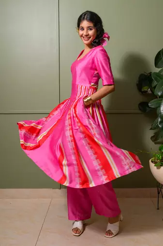Pink chanderi print striped folk art choli neck anarkali set