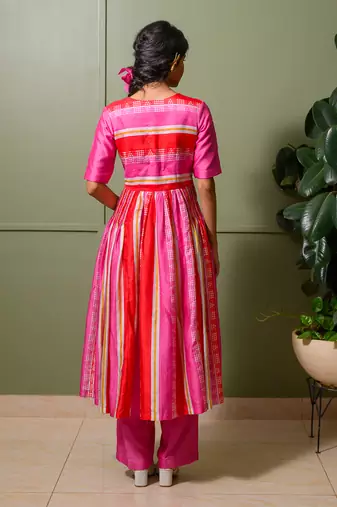 Pink chanderi print striped folk art choli neck anarkali set