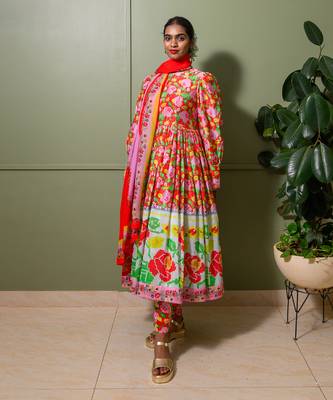 Red chanderi print gulbahar crew neck anarkali set 1