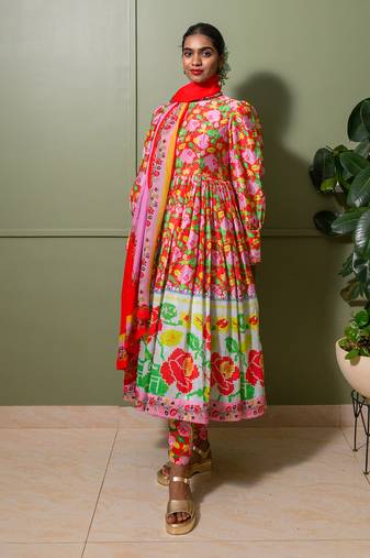 Red chanderi print gulbahar crew neck anarkali set