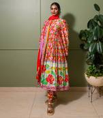 Red chanderi print gulbahar crew neck anarkali set