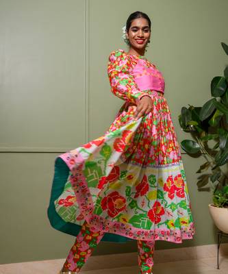 Red chanderi print gulbahar crew neck anarkali set 2