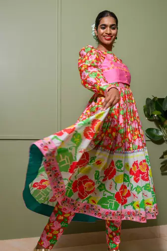 Red chanderi print gulbahar crew neck anarkali set
