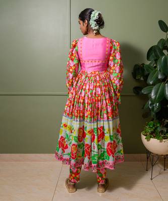Red chanderi print gulbahar crew neck anarkali set 3