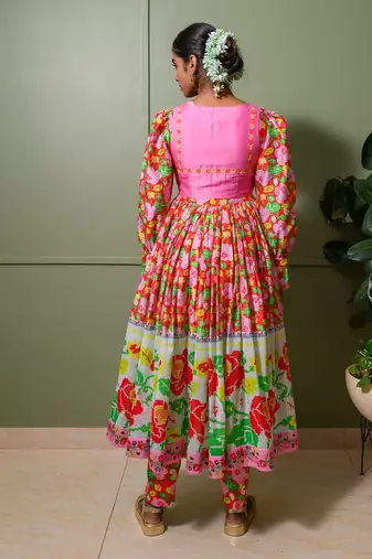 Red chanderi print gulbahar crew neck anarkali set