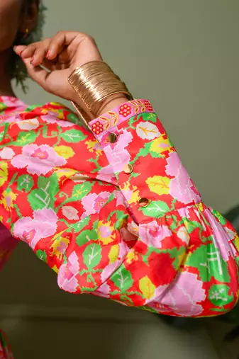 Red chanderi print gulbahar crew neck anarkali set
