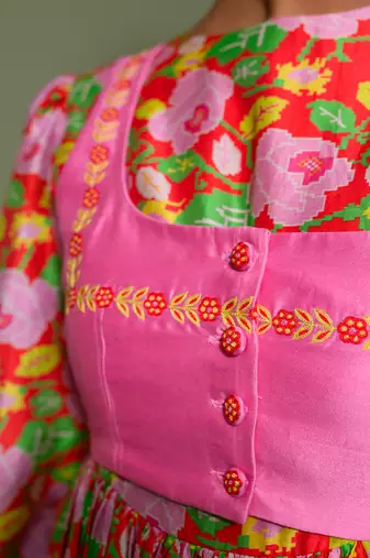 Red chanderi print gulbahar crew neck anarkali set